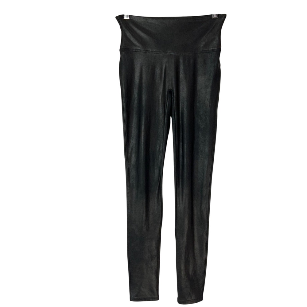 Spanx Black Faux Leather Leggings S Petite Pull On High Rise Ankle Tummy Control